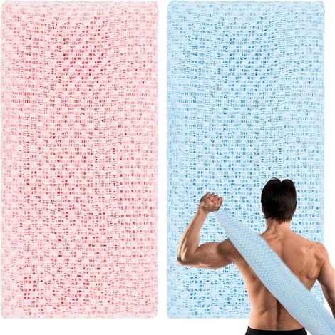 Set da 2 pezzi per scrub giapponese: panno esfoliante extra lungo, guanto esfoliante per pulizia profonda/massaggio, doccia, lavaggio della schiena (blu, rosa)