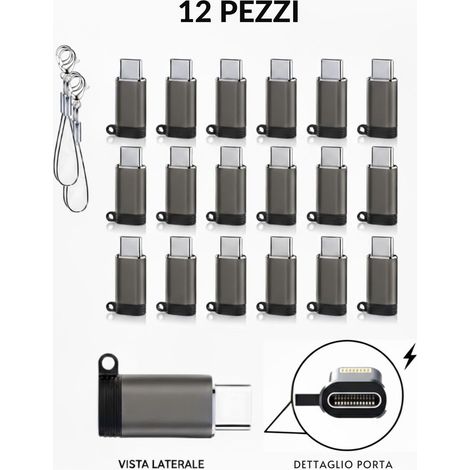 12x Adattatore USB-C a 8 Pin Ricarica Veloce 5V/2.4A con Moschettone