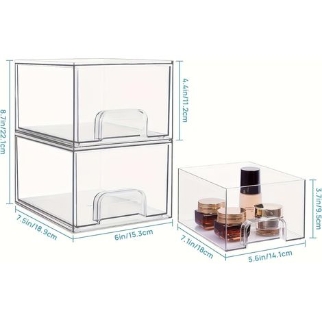 Lot de 2 Tiroirs de Rangement Empilables Organisateur Boîtes Transparent en Acrylique Rangement maquillage tiroir avec 16 tapis antidérapants pour coiffeuse,salle de bain,cuisine et chambre (1/5)