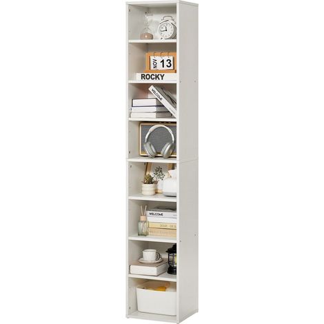 Bibliothèque étroite en bois blanc 180 cm avec 8 niveaux et étagères réglables, idéale pour chambre, salon et bureau. (1/5)