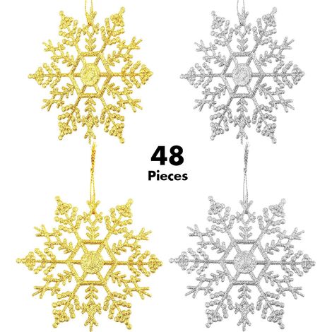 48 Stück glitzernde Schneeflocken-Ornamente, Kunststoff-Schneeflocken-Ornamente zum Aufhängen am Weihnachtsbaum, für Hochzeiten, Partys, Gold und Silber (1/5)
