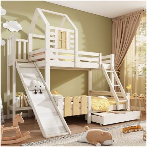 Lit superposé enfant 90x200, sécurité certifiée en747 lit superpose cabane, toboggan intégré, rangement intégré, sommier inclus (1/5)