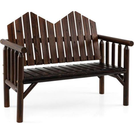 Banc de jardin marron 2 places en bois massif avec dossier incliné, assise à lattes et accoudoirs pour jardin, terrasse et porche (1/5)