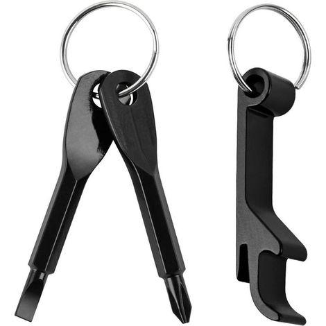 Set of 3 Stainless Steel Key Holder Screwdriver Pocket Keys (Flat Head + Phillips Head) with Key Ring and Bottle Opener (Black)