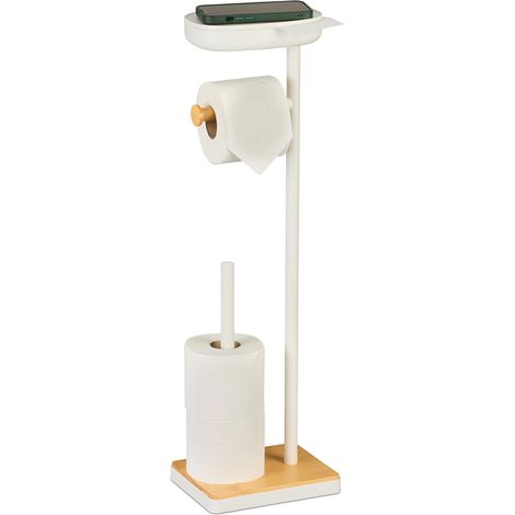 Serviteur WC, Non Fixe, réserve pour 3 Rouleaux, H x L x P: 68 x 20,5 x 16 cm, Blanc et Nature (1/5)