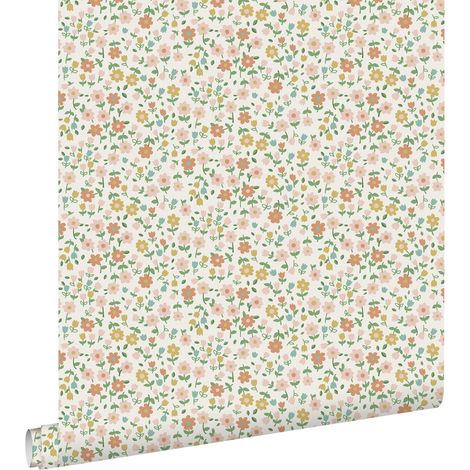 Papier peint à motif fleurs jaune ocre, rose clair et terracotta – Dimensions 53cm x 10,05m – Écologique et facile à poser – Estahome