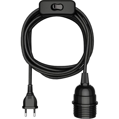 1 Suspension textile E27, Câble 3m, Interrupteur intégré, Douille lampe, Noir, Intérieur