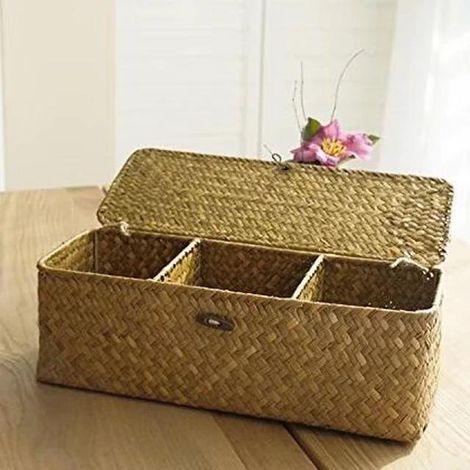 Panier de rangement créatif tissé à la main pour table basse et table de table basse, panier de rangement cosmétique à trois compartiments, rangement décoratif de bureau