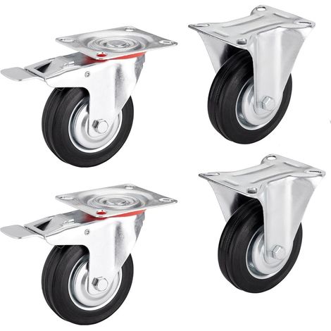 4er SET SOTECH Transportrollen RED Ø 160 mm (2x Bockrollen, 2x Lenkrollen mit Bremse) Höhe 196 mm, Anschraubplatte 130 x 102 mm Traglast bis 440 Kg Transportlenkrolle