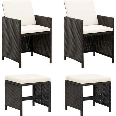 4-tlg. Gartenstuhl und Hocker Set Poly Rattan Schwarz