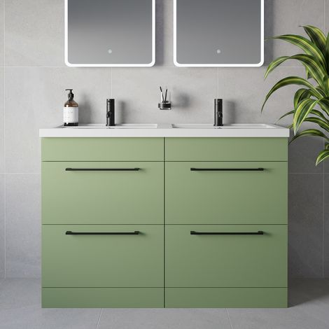 Napoli 390 Olive Green 1200mm 4 Drawer Vanity Unit with Double Lucia Basins - 1200mm - Matt Black 320mm Handle