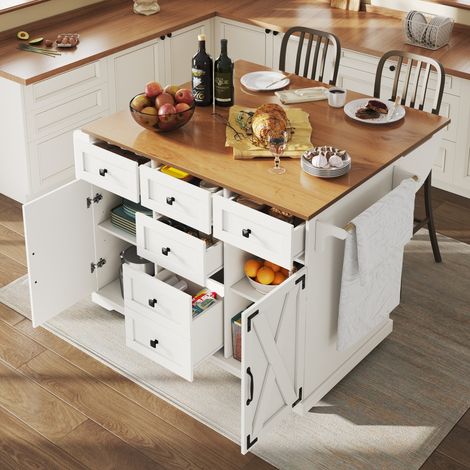 Isla de cocina plegable multifunción 147 x 44 x 93 cm, MDF y metal, blanca DESVIAE (1/5)