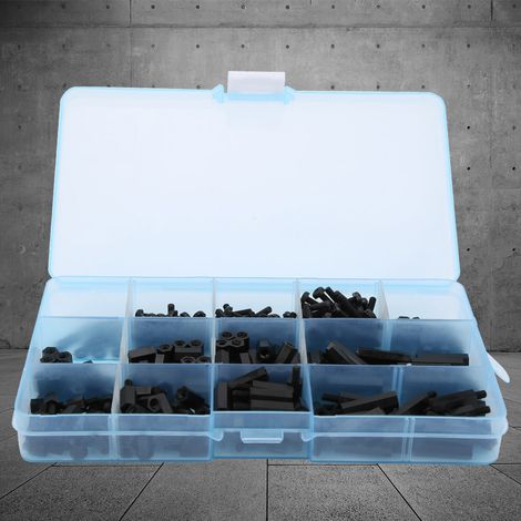 Boîte de 310 pièces de vis, écrous et rondelles en nylon M3, assortiment mâle-femelle-femelle-entretoise (noir) (1/5)