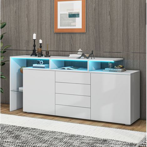 Credenza lucida alta LED da soggiorno con 4 cassetti, mobile contenitore bianco (1/5)