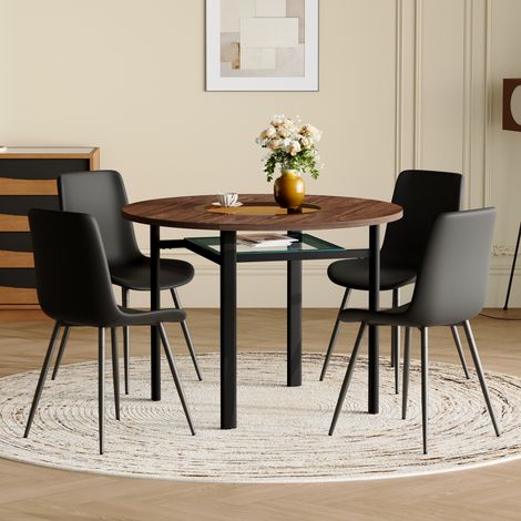 Set 5 Pezzi Tavolo Da Pranzo E 4 Sedie, Piano In MDF E Vetro, Metallo Nero Marrone (1/5)