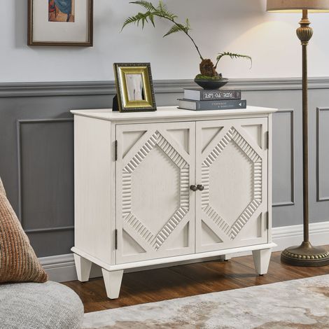 Buffet rétro en bois de 85,3 cm (33,6 po) avec espace de rangement, vitrines symétriques ornées de motifs géométriques, meuble TV pour salon/entrée/salle à manger/cuisine, blanc antique (1/4)