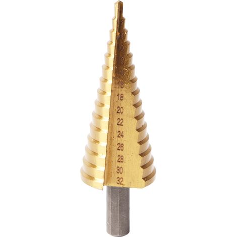 Foret étagé en acier rapide, queue hexagonale, 4-32 mm, goujures droites, 15 étages pour le travail du bois (1/5)