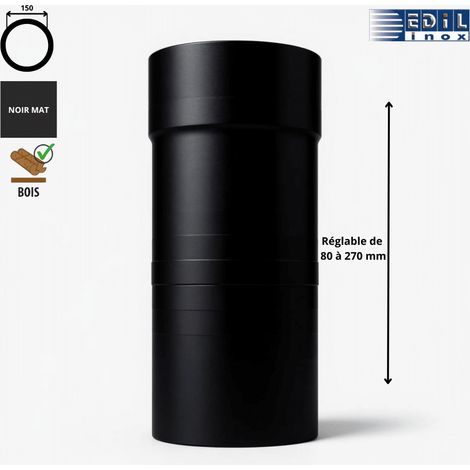 Edilinox – Élément droit réglable 80 à 270 mm – Émaillé noir mat – Diamètre 150 mm – Résistant à la corrosion et aux hautes températures