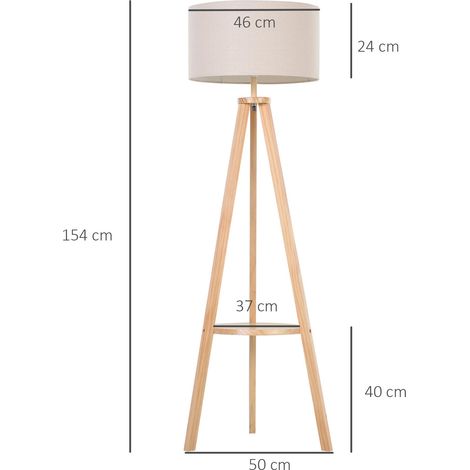 Lampadaire trépied avec structure en bois naturel et abat-jour en tissu beige avec étagère intégrée 50x50x154 cm (1/5)