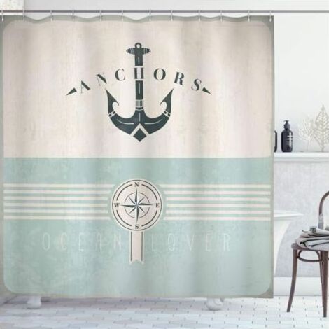 Nautique Rideau de Douche, Ancre Marine Vintage, Tissu Ensemble de Décor de Salle de Bain avec Crochets, 180 cm x 180 cm, Écume de mer Noir Beige (1/4)