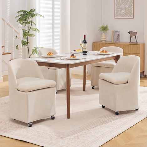 Lote de 2 sillas de comedor de chenilla con ruedas giratorias 360° y funda extraíble, beige (1/5)