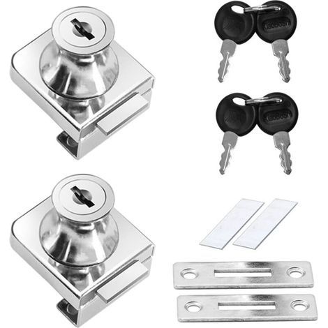 2 Pcs Zinc Alloy Glass Door Lock, Rustproof Cabinet Lock, Door Lock, for 5-12mm Glass Doors, No Drilling Required, with 4 Keys (1/5)