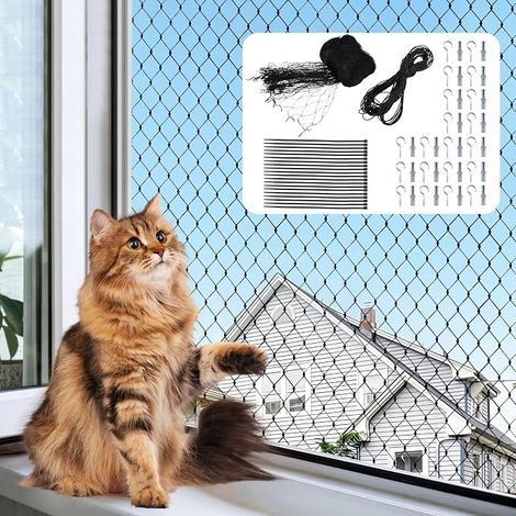 Red para gatos con ventana 9,8 x 6 m, negra