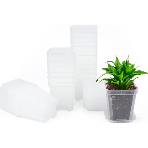 Lot de 24 mini pots de culture carrés en plastique épais de 7 cm avec soucoupe, petits pots de fleurs carrés en plastique transparent (1/5)