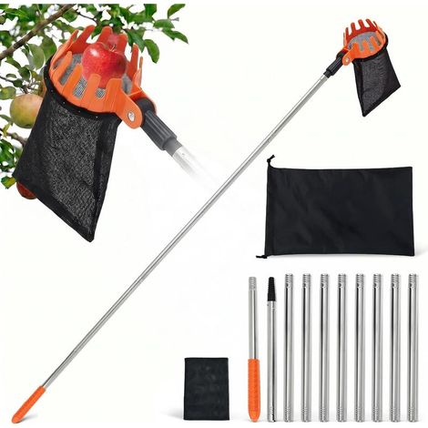 4m Cueille Fruit Telescopique, Cueille Cerise avec Sac de Rangement,Cueille Pomme Griffe Réglable à 180°, en Acier Inoxydable, Cueillette Cerise pour Raisins, Poires et Pêches, Diamètre 16cm Grande T (1/5)