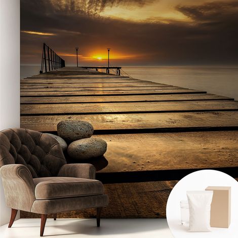 Papier peint intissé décoratif pour chambre et salon Design moderne à poser facilement - Colle incluse gratuite Coucher de soleil 250x250 cm (1/5)