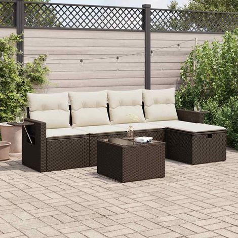 Ensemble Salon Jardin 6 Places Marron Résine Tressée avec Coussins Crème et Table (1/5)