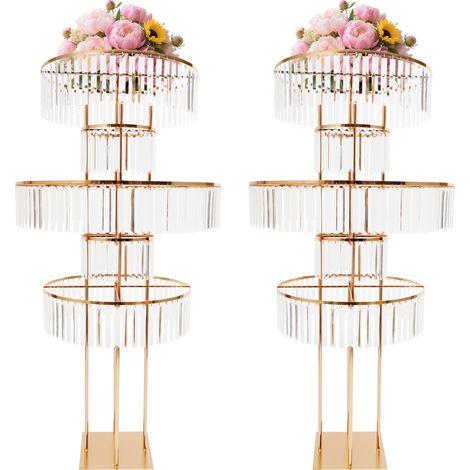 Lot de 2 présentoirs floraux rond doré à 5 niveaux avec pendentifs acryliques, support à fleurs sur pied, centre de table décoration pour mariage, cérémonie et réception - hauteur 155 cm, base carré (1/5)