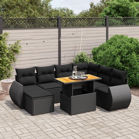 8-tlg. Garten-Sofagarnitur mit Kissen Schwarz Poly Rattan (1/4)