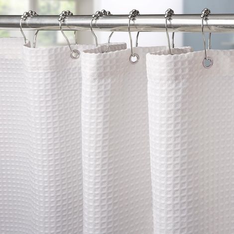 Rideau de Douche Motif Gaufre avec Anneaux en Métal Imperméable Anti-Moisissures Polyester Tissu Rideau Salle de Bain Lourd pour Baignoire Cabine de Douche - 152x214CM (Blanc) (1/5)