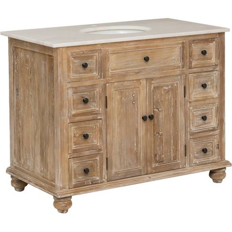 Made In Meubles – Meuble sous vasque simple en vieux pin et marbre blanc – Dimensions 86,5x110x60 cm – 8 tiroirs et 2 portes pour rangement optimisé (1/5)
