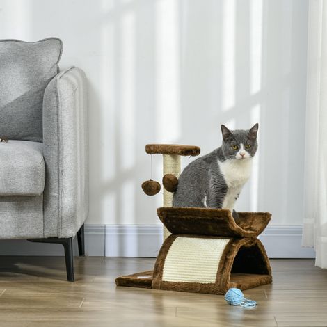 Katzenkratzbaum, Katzenspielzeug mit Bettchen und 2 Hängebällen aus Natursisal, Höhe 43 cm