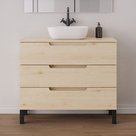 Meuble de salle de bain 90cm avec plateau et vasque à poser arrondie - sans miroir - 3 tiroirs - roble calima (bois clair) - RIZA (1/5)