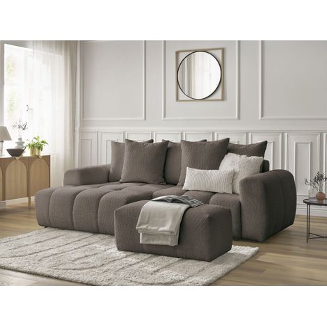 BOBOCHIC - Canapé d'angle convertible coffre ROXELANE tissu bouclette avec pouf Angle gauche  Marron (1/5)