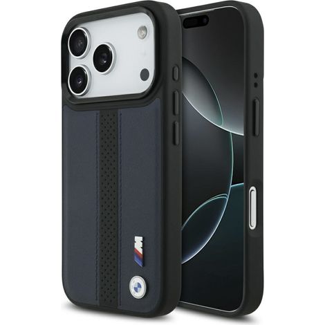 Custodia MagSafe con logo BMW M traforato per iPhone 17 Pro, colore blu navy.
