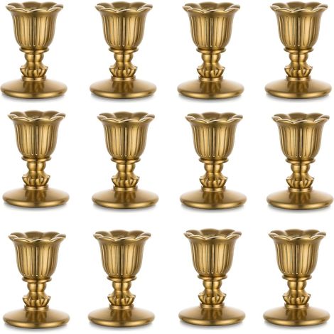 Bougeoirs vintage Porte-bougies Bougies droites Laiton Lot de 12 Petits porte-bougies dorés pour décoration de table rétro antique mariage salon Noël fête couronne de l'Avent déco (1/5)