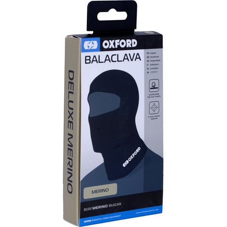 Cagoule Oxford 100 % laine mérinos avec une large ouverture pour les yeux. Cagoule de luxe en mérinos noire. Taille unique.