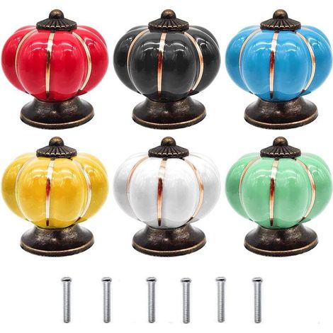 Tiradores de cerámica, 6 piezas, tiradores de cerámica coloridos, tiradores de cerámica retro, tiradores con forma de calabaza, con tornillos, para armarios de cocina, 6 colores (1/5)