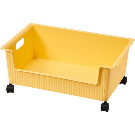 Boîte de rangement plastique mobile multiusage - Carton livres et sacs avec roulettes, grande capacité, idéale pour classe/dormitory, dimensions 38x28x15cm, couleur jaune, matière plastique résistante (1/5)