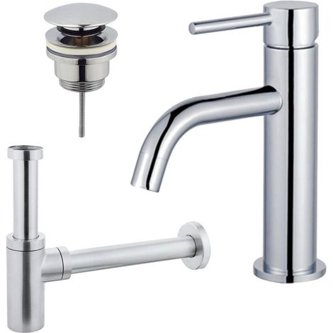 FugaFlow Eccelente Sobrado Slim Slim Kit mitigeur lavabo - robinet bas - bonde clic clac - siphon design - Chrome brillant (1/4)