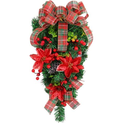 SJLERST Couronne de Noël classique à carreaux rouges et verts en forme d'arbre de Noël à l'envers à accrocher à la porte pour les centres commerciaux et les hôtels (1/5)