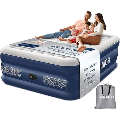 Double Inflatable Mattress, 203 x 152 x 46 cm Inflatable Bed with Integrated Pump, 360 kg Supports Air Mattress, Ideal for Camping Home with Carry Bag – BLU (1/5)