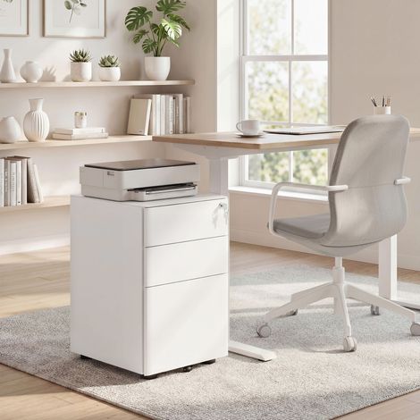 Commode de bureau en acier à 3 tiroirs avec serrure et roulettes, 39 x 48 x 59 cm, blanche (1/5)