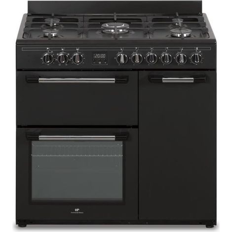 Continental Edison – Cuisinière piano gaz 3 fours électriques – 5 feux – Noir – Largeur 90 cm – Fours à chaleur tournante pour cuisson uniforme