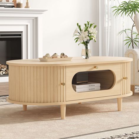 Table basse 100x50x36 cm bois clair, table de salon avec tiroir et porte coulissante, table canapé d'appoint, meuble séjour sur 4 pieds