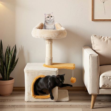 Plateforme poisson et arbre à chat en bois 3 niveaux, griffoir sisal avec niche, pour petits espaces (1/5)